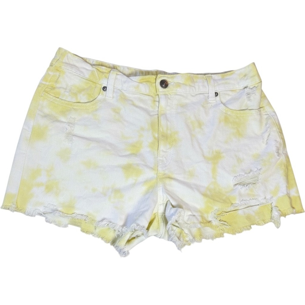 Aerie‎ Womens Tie Dye Distressed Denim Shorts Yellow White Raw Hem Large